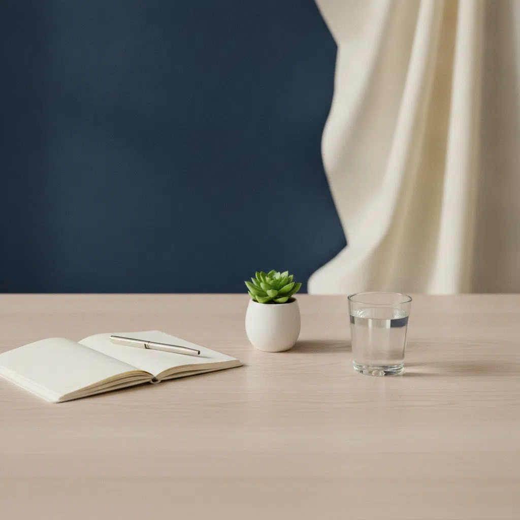 Calm workspace with a notepad, green plant and a glass of water on a light timber desk