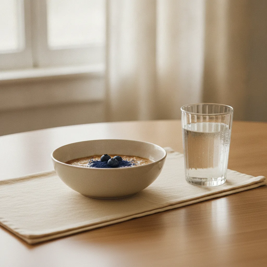 A glass of water beside a simple breakfast bowl on a bright morning kitchen table, natural light